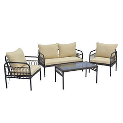 4 Pieces Outdoor Wicker Conversation Bistro Set with Soft Cushions and Tempered Glass Coffee Table-Beige - Free Shipping 