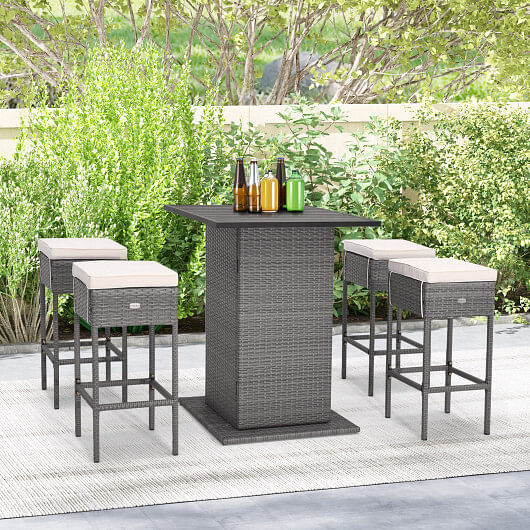 5 Pieces Outdoor Wicker Bar Table Set with Hidden Storage Shelves-White - Free Shipping 