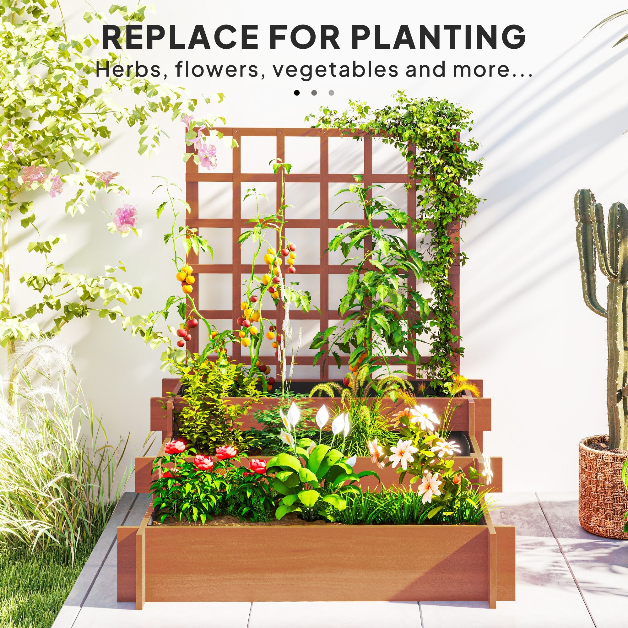 Outsunny Wooden Elevated Planter Box with Trellis for Climbing Plants, 3 Tier Raised Garden Bed for Garden, Outdoor, Brown 