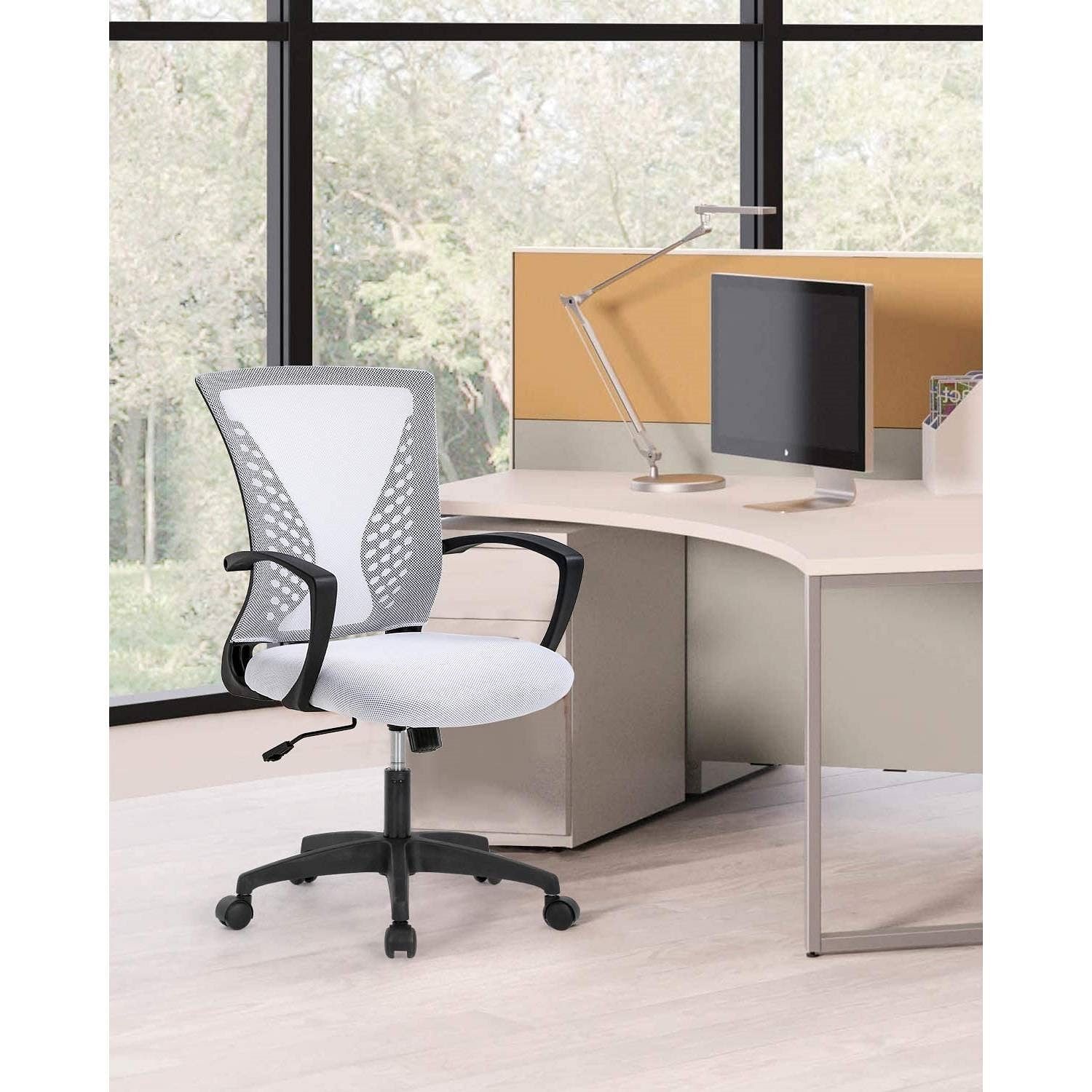 White Modern Mid-Back Office Desk Chair Ergonomic Mesh with Armrest on Wheels - Free Shipping