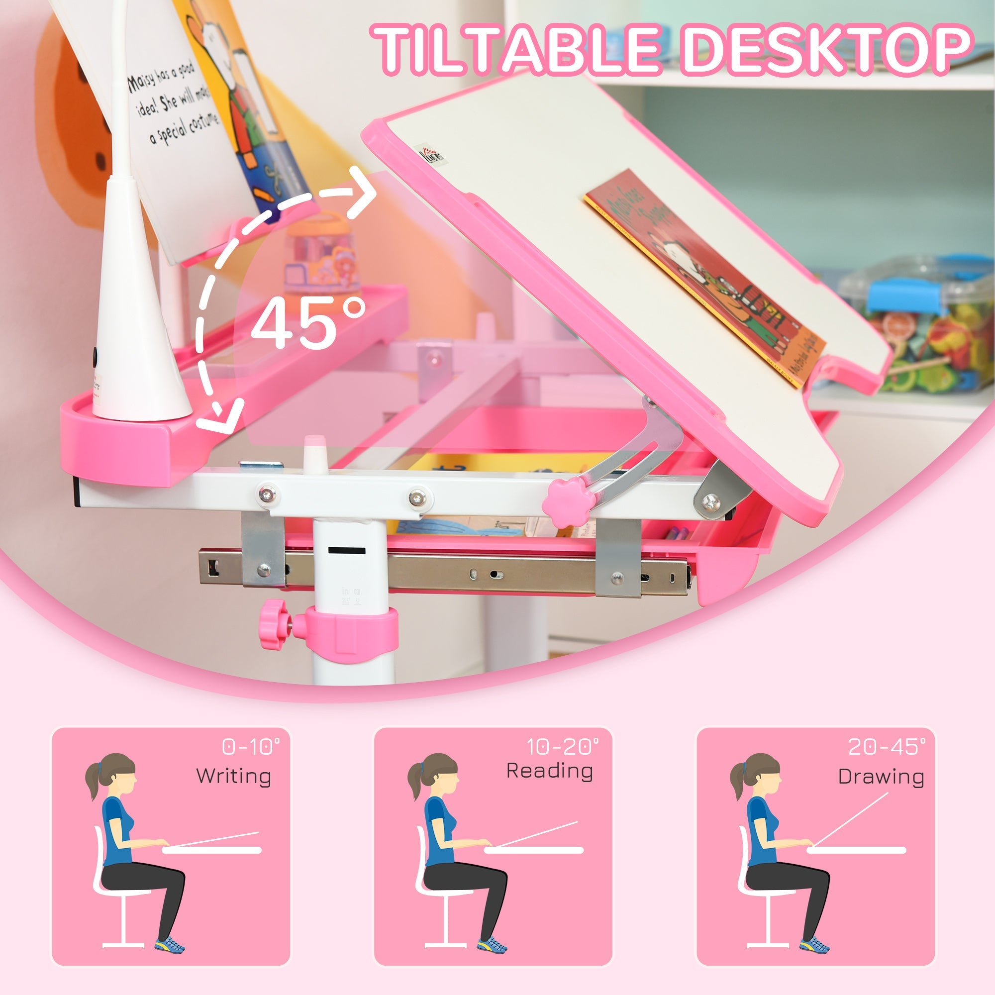 Qaba Adjustable Kids Desk Chair Set with Tilt Desktop LED Lamp Pink for Student Study Comfort 