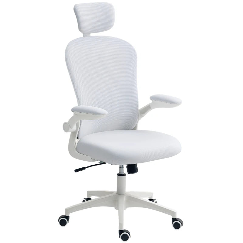 Office Chair, Mesh Computer Desk Chair with Adjustable Headrest, 4D Lumbar Support, Flip-up Arm, White