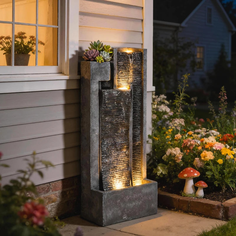 Outdoor Water Fountain with LED Lights and Planter, 3-Tier Modern Cascading Waterfall Feature with Pump, Dark Grey