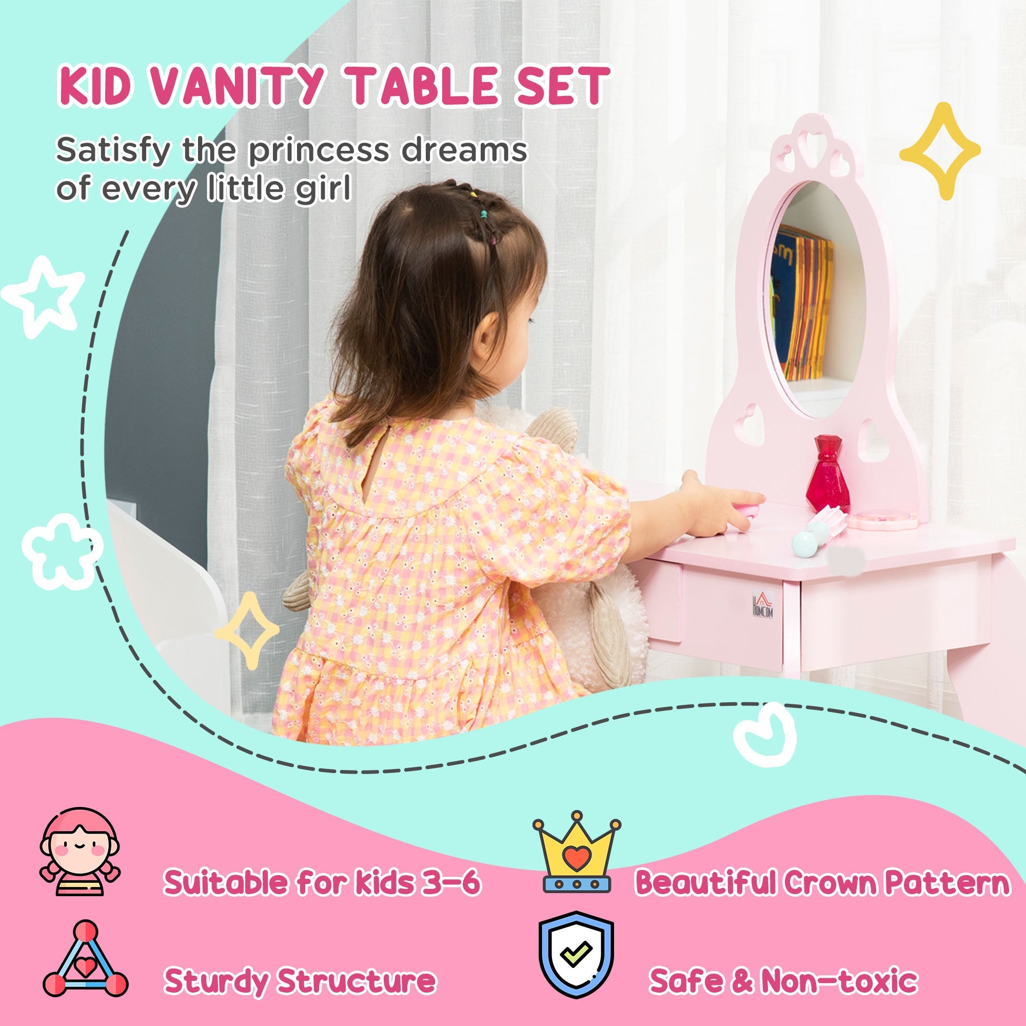 Qaba Kids Vanity Table Set with Mirror and Stool, Drawer, for 3-6 Years, Pink 