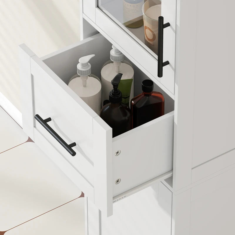 67" Tall Bathroom Storage Cabinet, Freestanding Narrow Bathroom Cabinet with Adjustable Shelves, Glass Door and Drawer