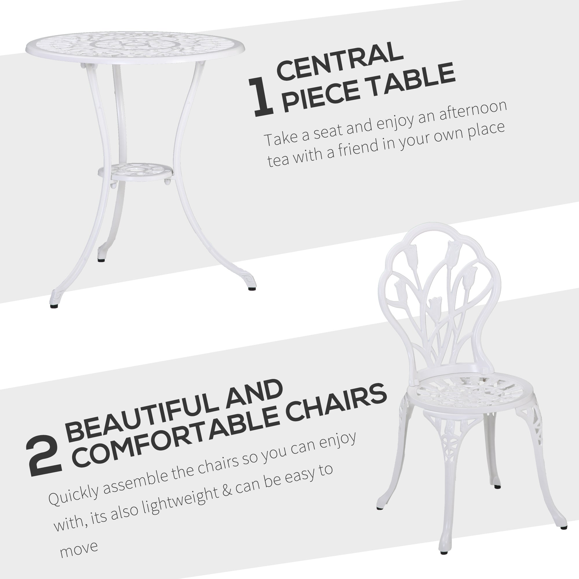 Outsunny 3-Piece Cast Aluminum Patio Bistro Set, Outdoor Table and Chairs with Umbrella Hole, Elegant Design, White 
