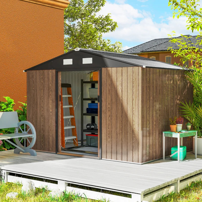 9.1'x6.4'x6.3' Garden Storage Shed, Outdoor Storage Tool House with Vents, Foundation and Lockable Double Doors, Teak
