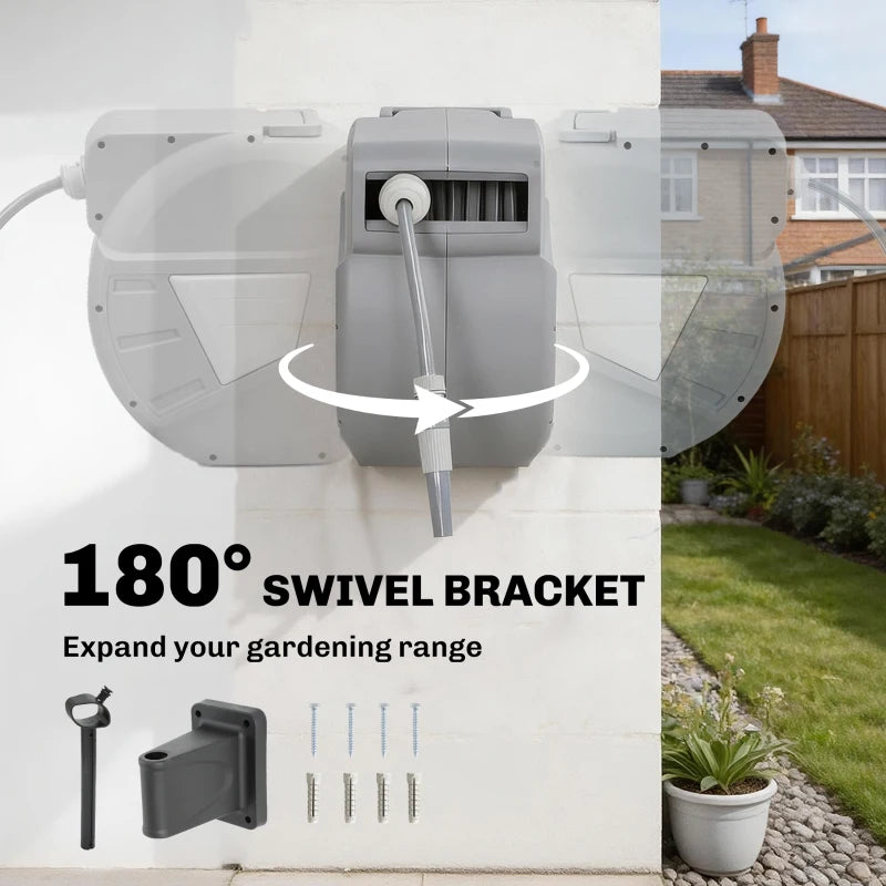 Retractable Garden Hose Reel, 1/2" x 66ft Wall Mounted Hose Reel with Auto Retraction, Self-Locking, Grey