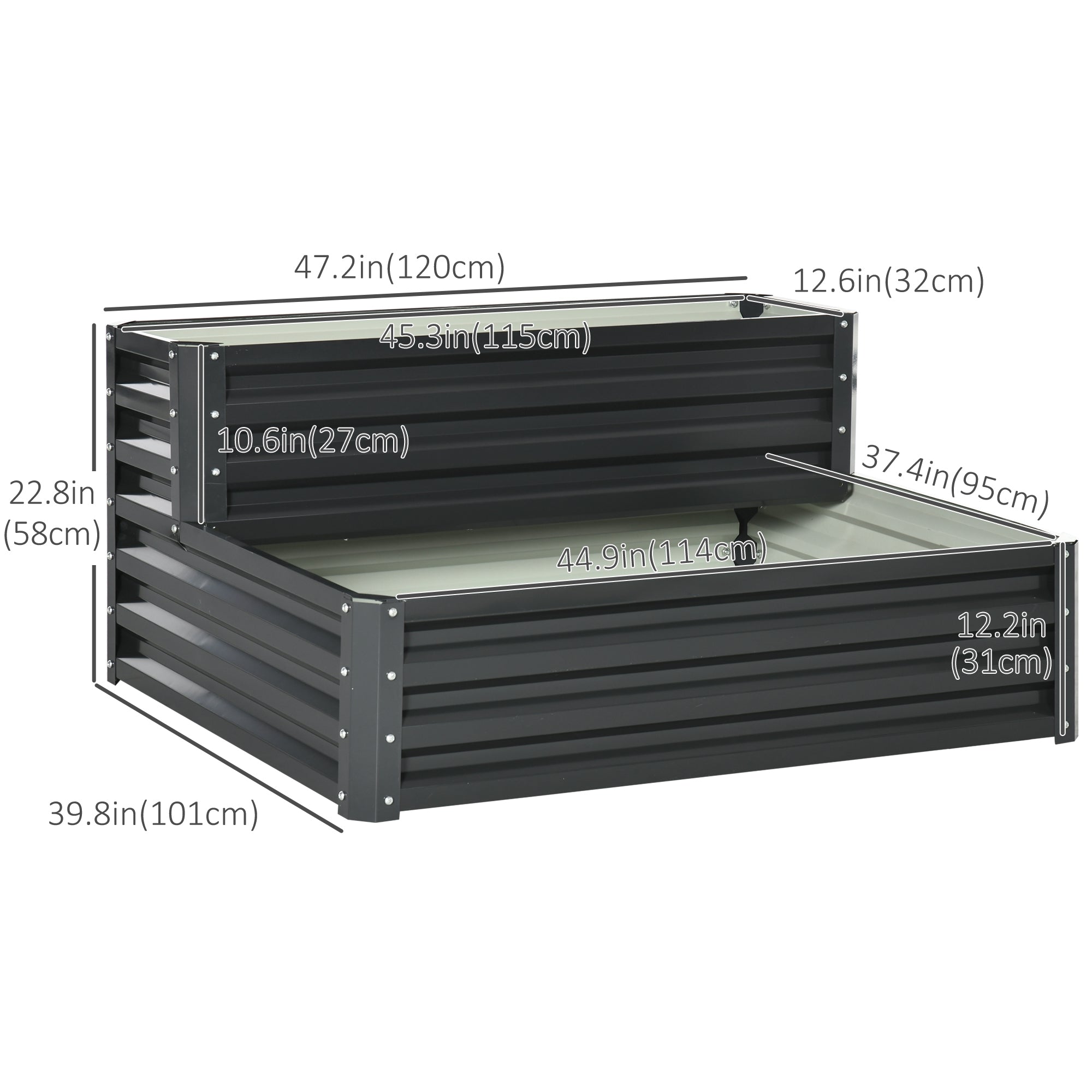 Outsunny 2 Tier Raised Garden Bed Galvanized Steel Planter Box Patio Backyard Veggies Flowers Herbs Growing Dark Grey 47"x40"x23" 