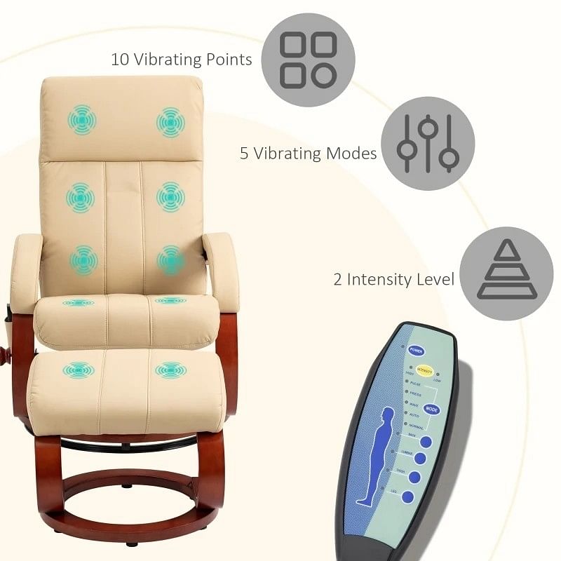 Adjustable Beige Faux Leather Electric Remote Massage Recliner Chair w/ Ottoman - Free Shipping 