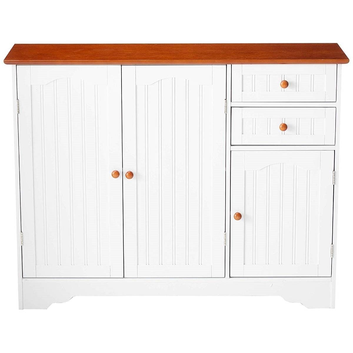 White Wood Sideboard Buffet Cabinet with Walnut Finish Top and Knobs - Free Shipping