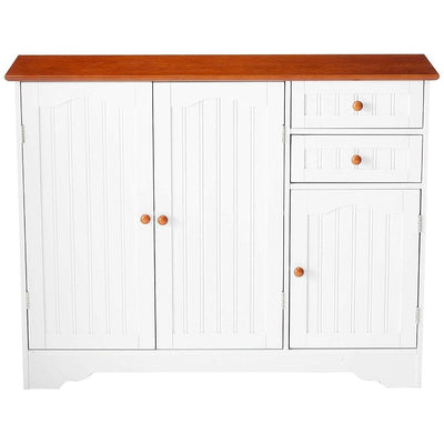 White Wood Sideboard Buffet Cabinet with Walnut Finish Top and Knobs - Free Shipping 