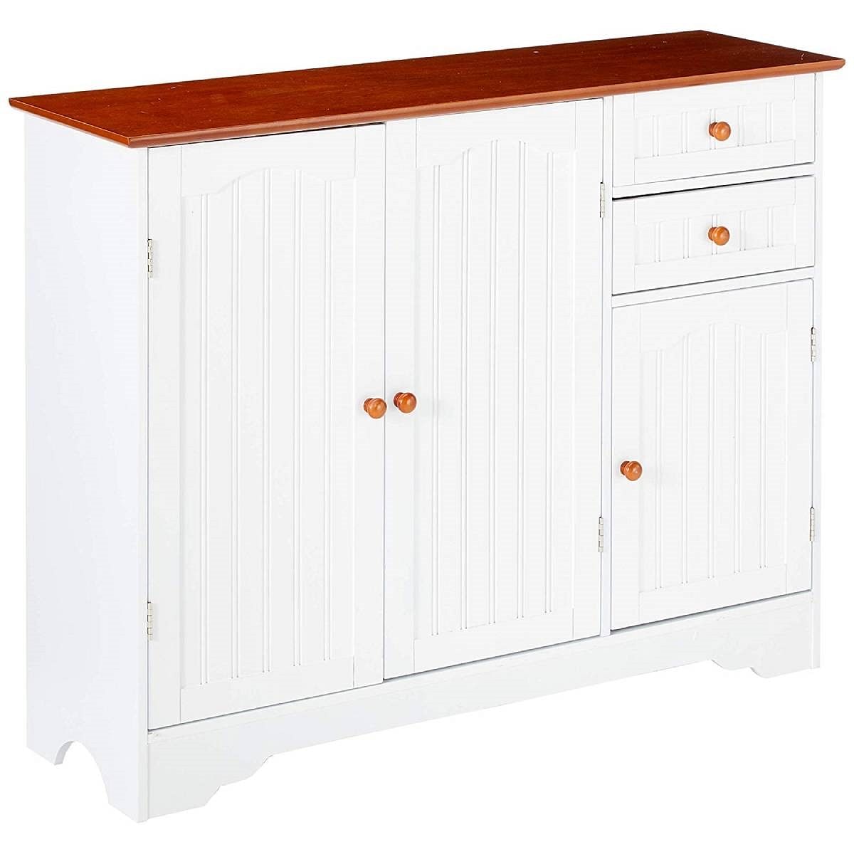 White Wood Sideboard Buffet Cabinet with Walnut Finish Top and Knobs - Free Shipping