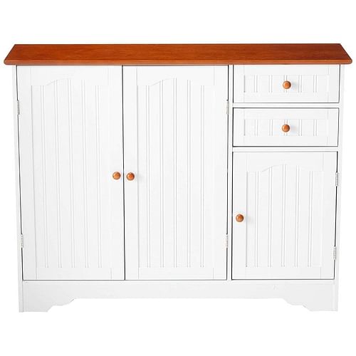 White Wood Sideboard Buffet Cabinet with Walnut Finish Top and Knobs - Free Shipping