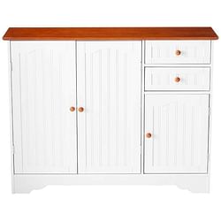 White Wood Sideboard Buffet Cabinet with Walnut Finish Top and Knobs - Free Shipping