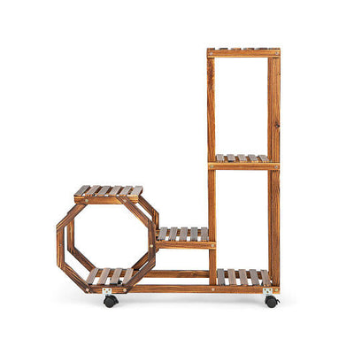 6-Tier Wooden Plant Stand with Wheels-Brown - Free Shipping 