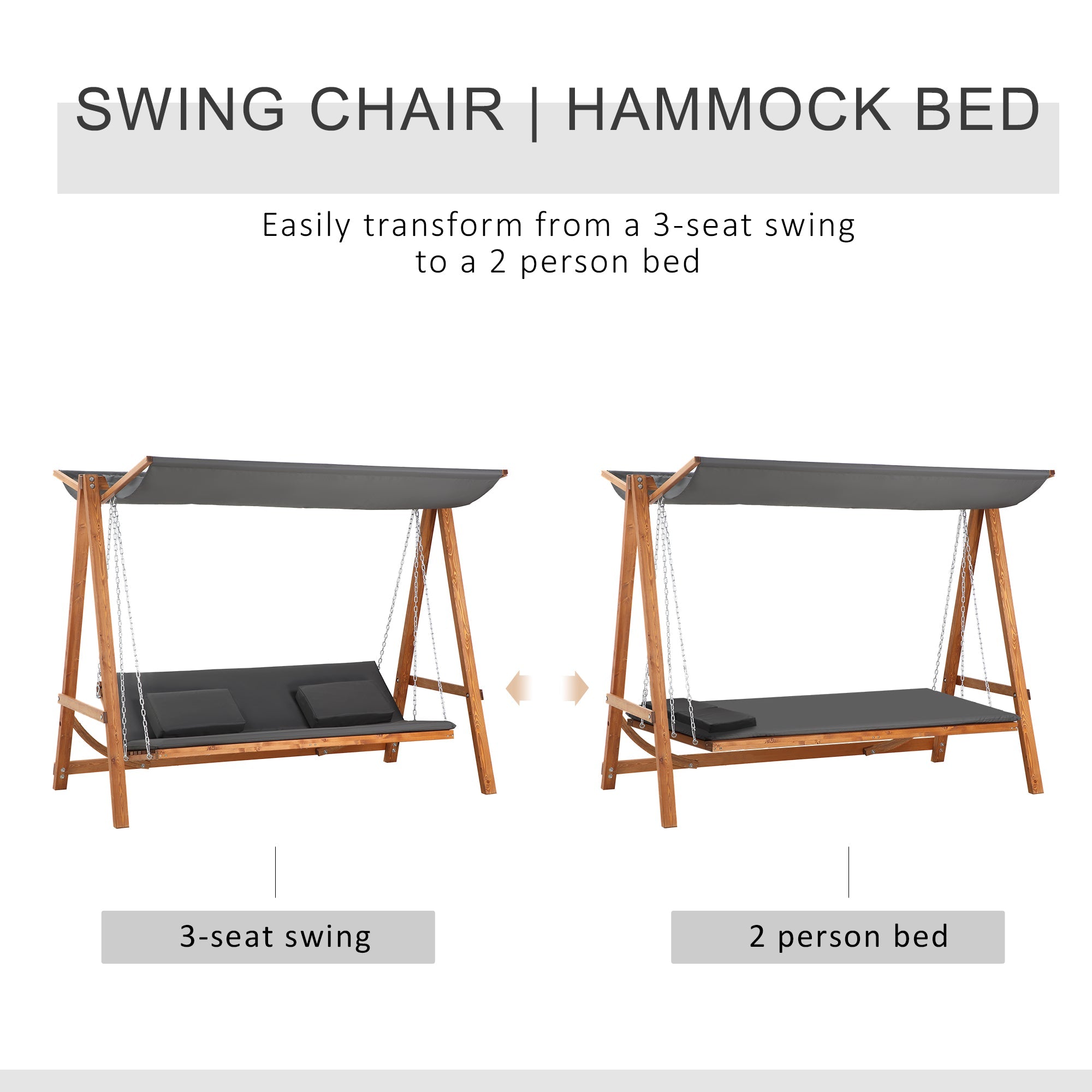 Outsunny 3 Seater Patio Swing Chair Convertible Cushioned Porch Swing Bed with Canopy, Wood Frame for Outdoor, Backyard, Garden 