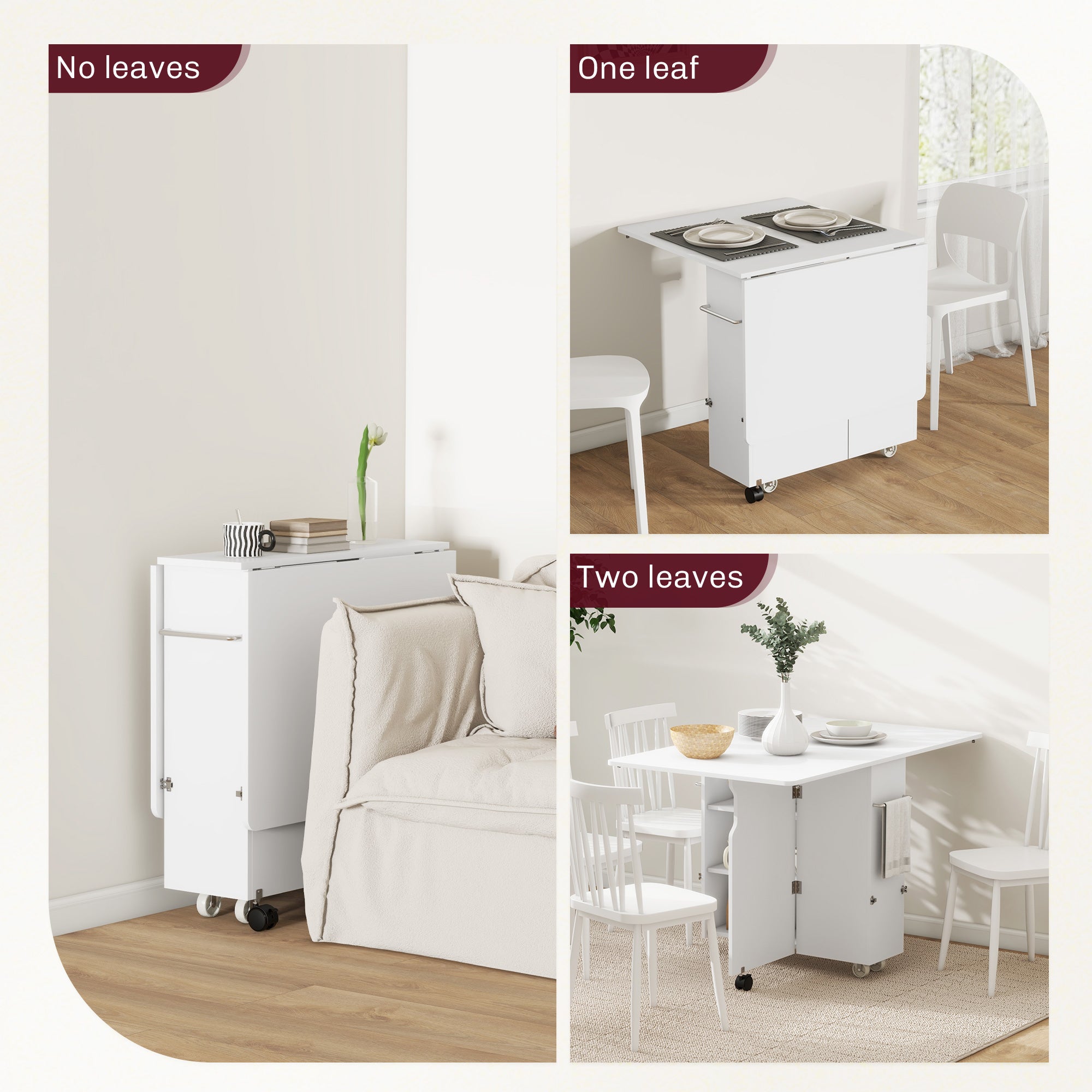 HOMCOM Folding Dining Table with Storage, Drop Leaf Kitchen Table on Wheels with Box, Shelves and Towel Racks, White 