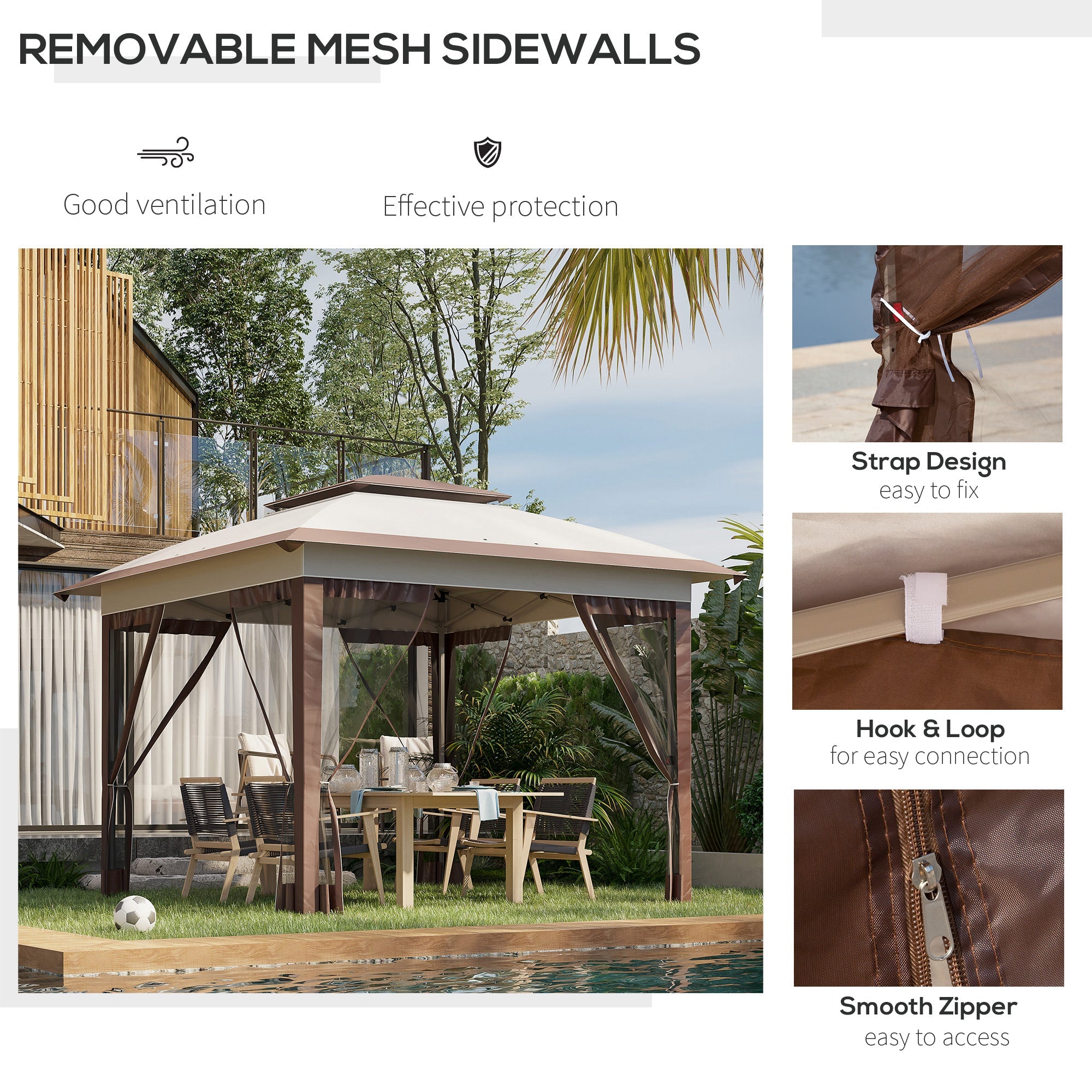 Outsunny 12'x12' Pop Up Canopy Sun Shade Instant Tent with Mesh Sidewalls Adjustable Height Storage Bag Beige 