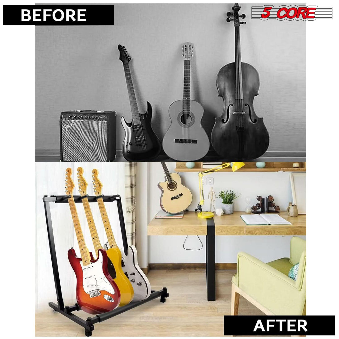 5 Core Multi Guitar Rack Stand Floor 3 Slot Adjustable Flying V Guitars Holder