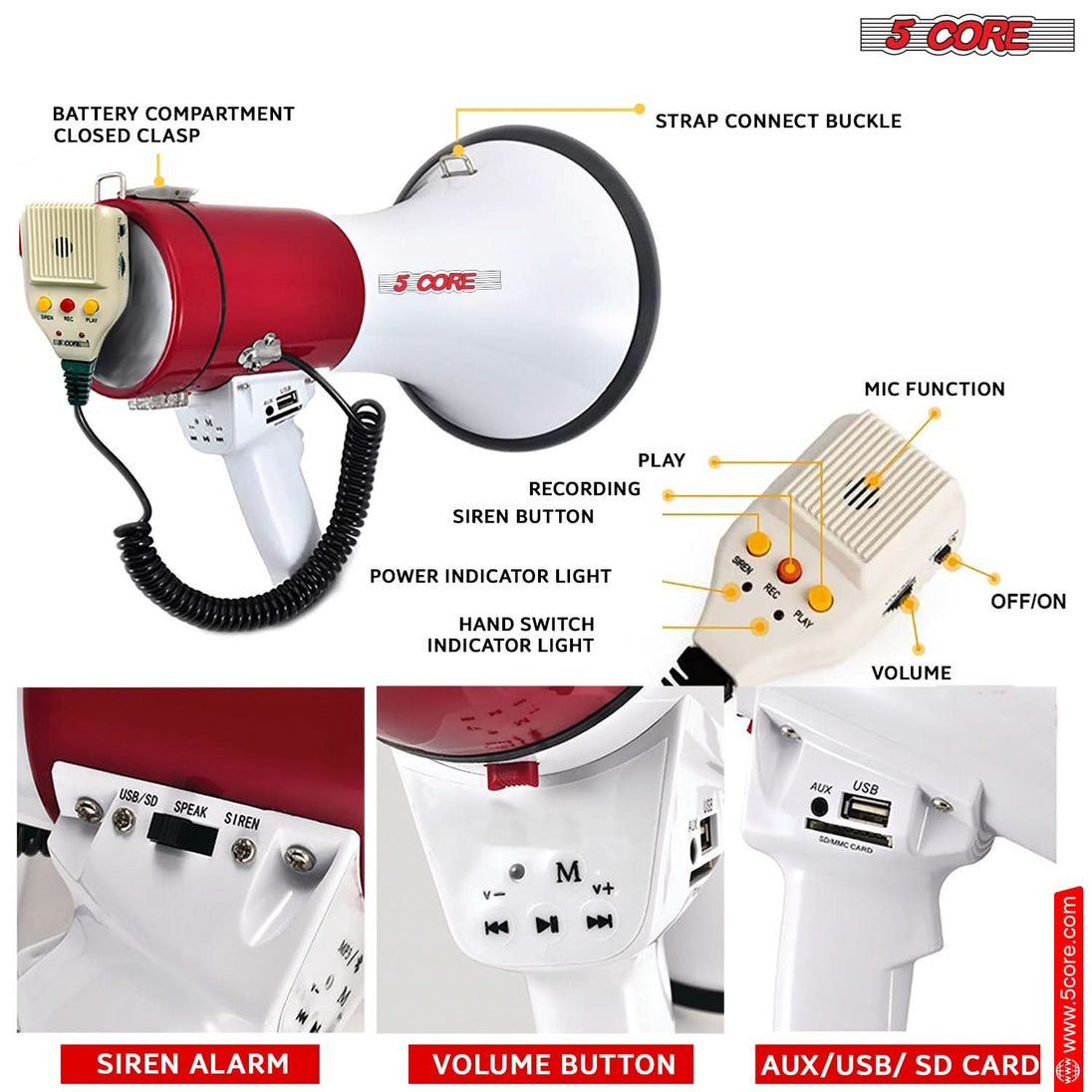 5Core Megaphone Bullhorn Speaker 50W Bull Horn Cheer Megafono 1200Ft Non Rechargeable