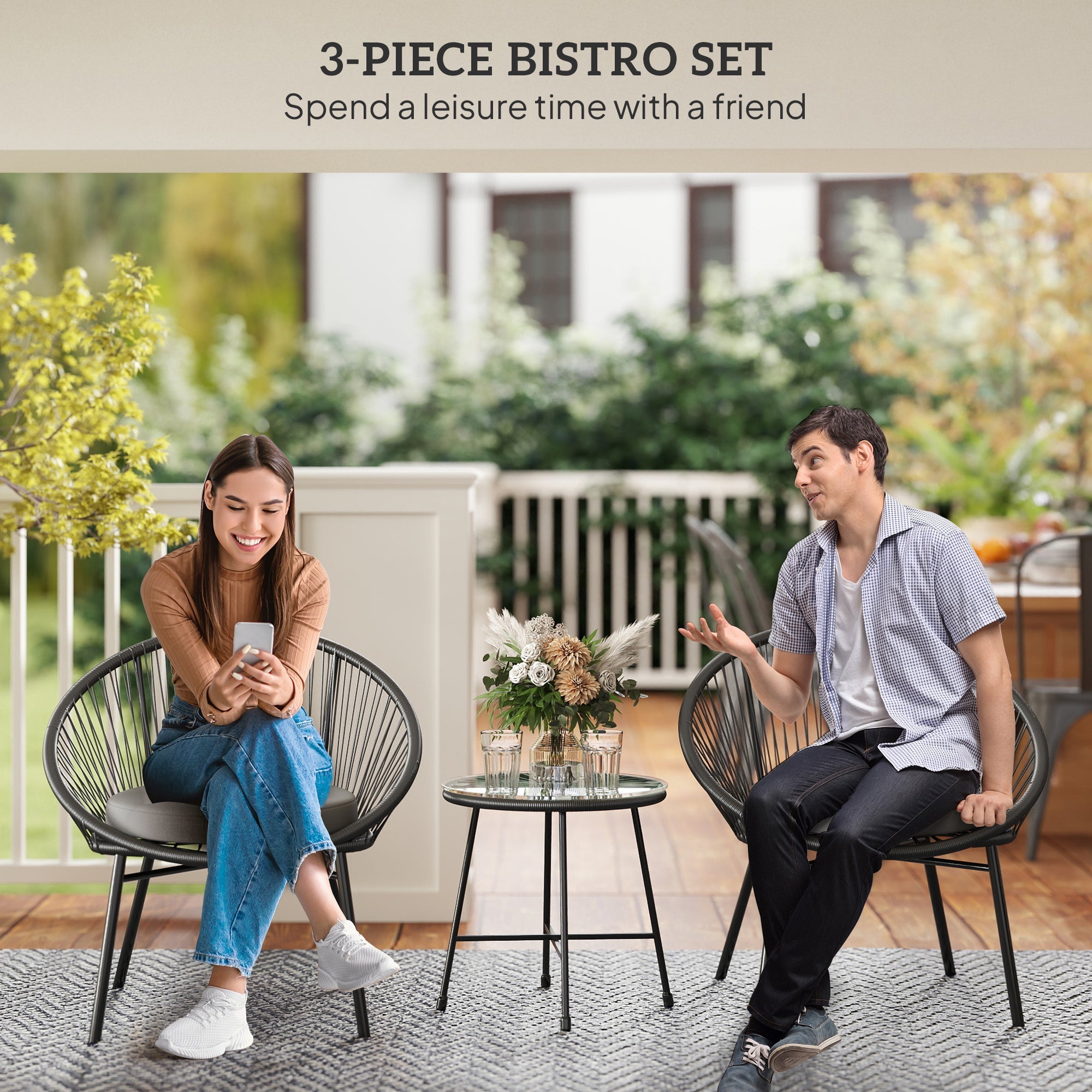 Outsunny 3 Piece Wicker Patio Furniture Set with Soft Seat Cushions, Tempered Glass Tabletop, Bistro Set for Garden, Black 