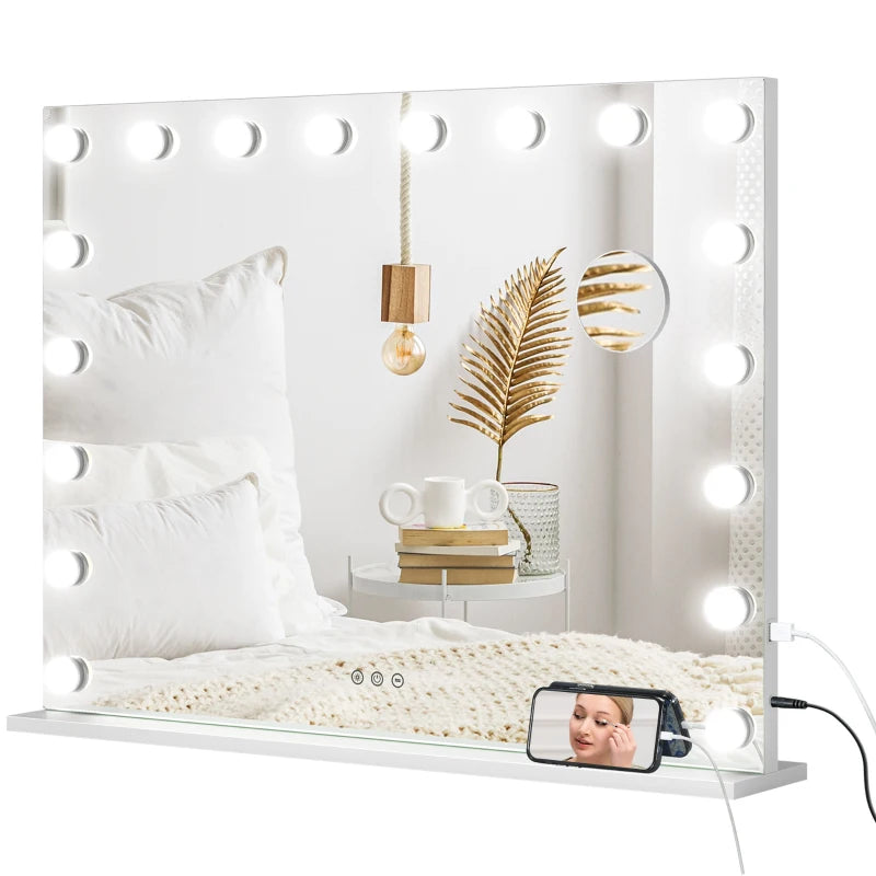 Hollywood Vanity Mirror with Lights, 31.5" x 24.4" Lighted Makeup Mirror with 3 Colour, 10X Magnifying, USB Port, White