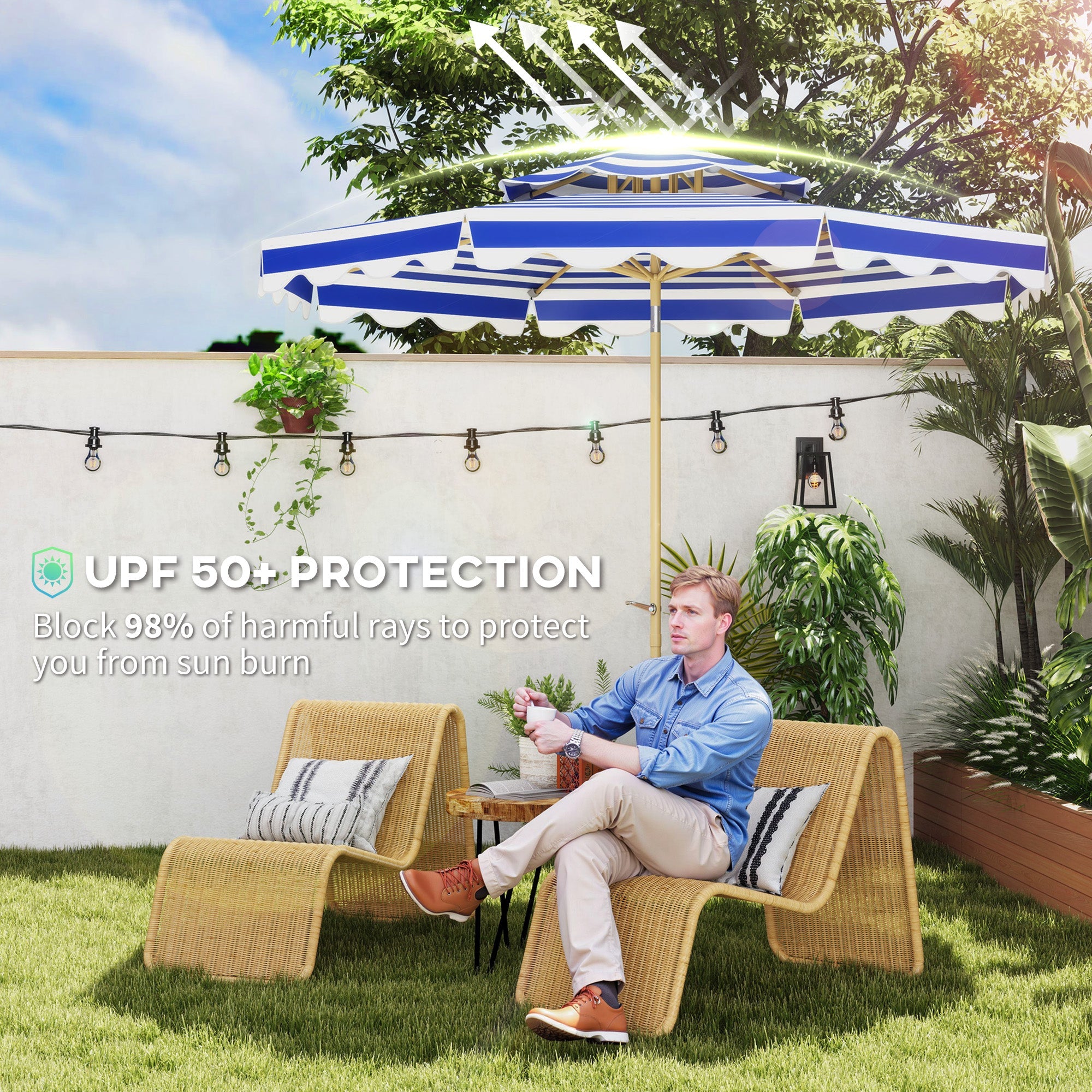 Outsunny 9FT Patio Umbrella with 8 Ribs, Crank, Tilt, UPF 50+, 2-Tier Vent for Garden, Deck, Poolside, Blue 