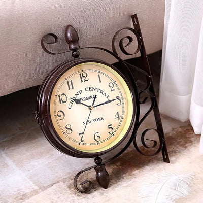 Retro Double-Sided Rotating Wall Clock - Metal Hanging Clock for Outdoor/Home/Garden Decor, Includes Wall-Mounted Bracket 