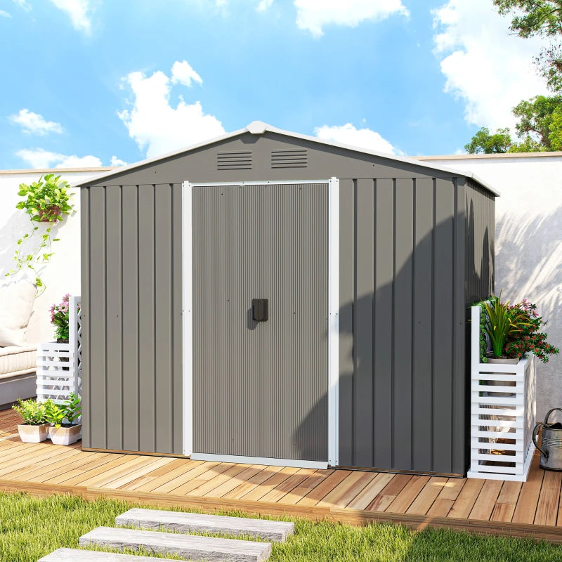 8' x 6' Outdoor Storage Shed, Metal Garden Tool Storage House with Lockable Sliding Doors and Vents for Backyard Patio Lawn, Light Grey