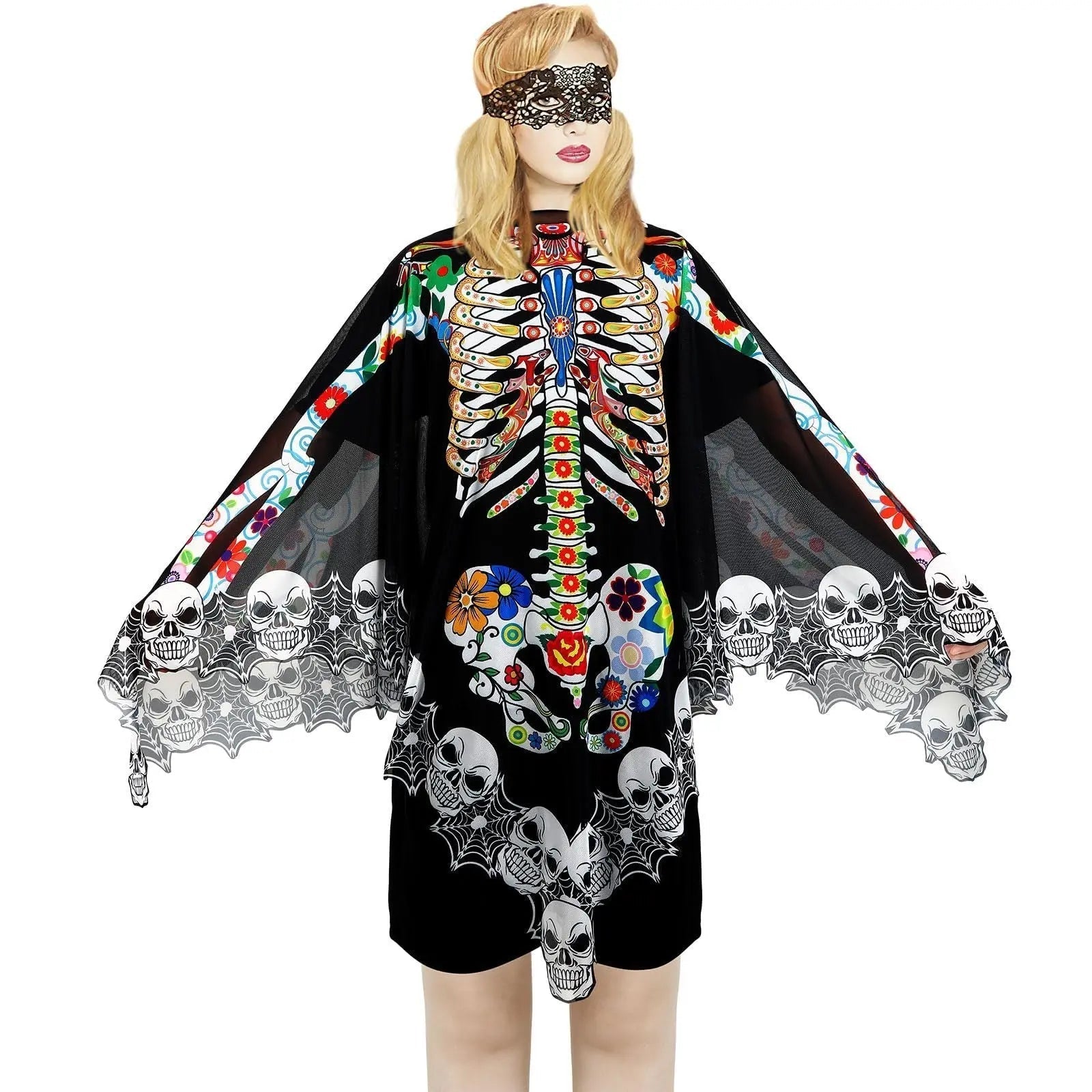 Halloween Skeleton Poncho, Lace Skeleton Halloween Costume Poncho Day Of The Dead Colorful Poncho For Women, 59 Inchx59 Inch-Cannot Be Listed On Amazon Platform 