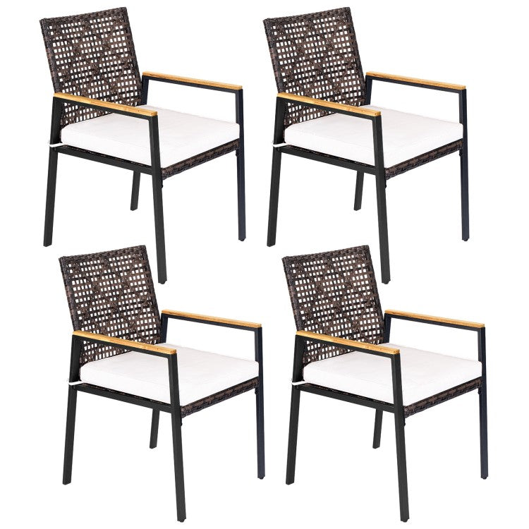 Hand-Woven PE Rattan Patio Dining Chairs Set of 4 with Acacia Wood Armrests & Cushions