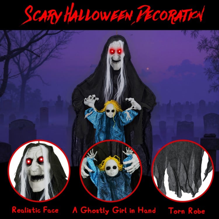 Hanging Halloween Decoration Sound-Activated Witch Holding Ghost Girl with Spooky Sounds