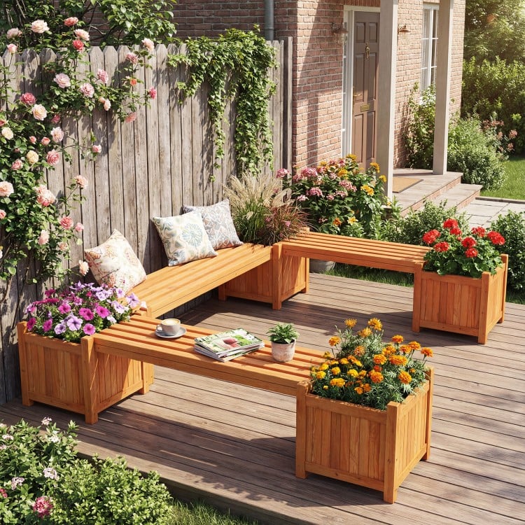 3-in-1 Outdoor Planter Box with Bench 2-Person Outdoor Bench with 2 Side Garden Beds