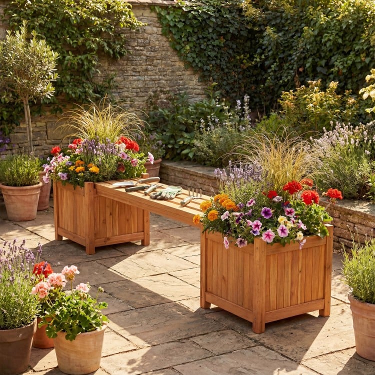 3-in-1 Outdoor Planter Box with Bench 2-Person Outdoor Bench with 2 Side Garden Beds