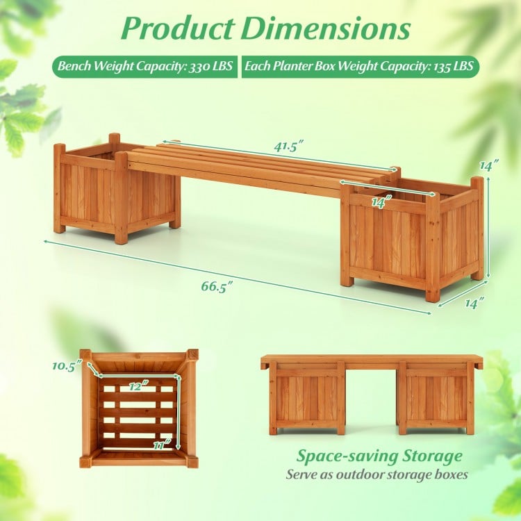 3-in-1 Outdoor Planter Box with Bench 2-Person Outdoor Bench with 2 Side Garden Beds