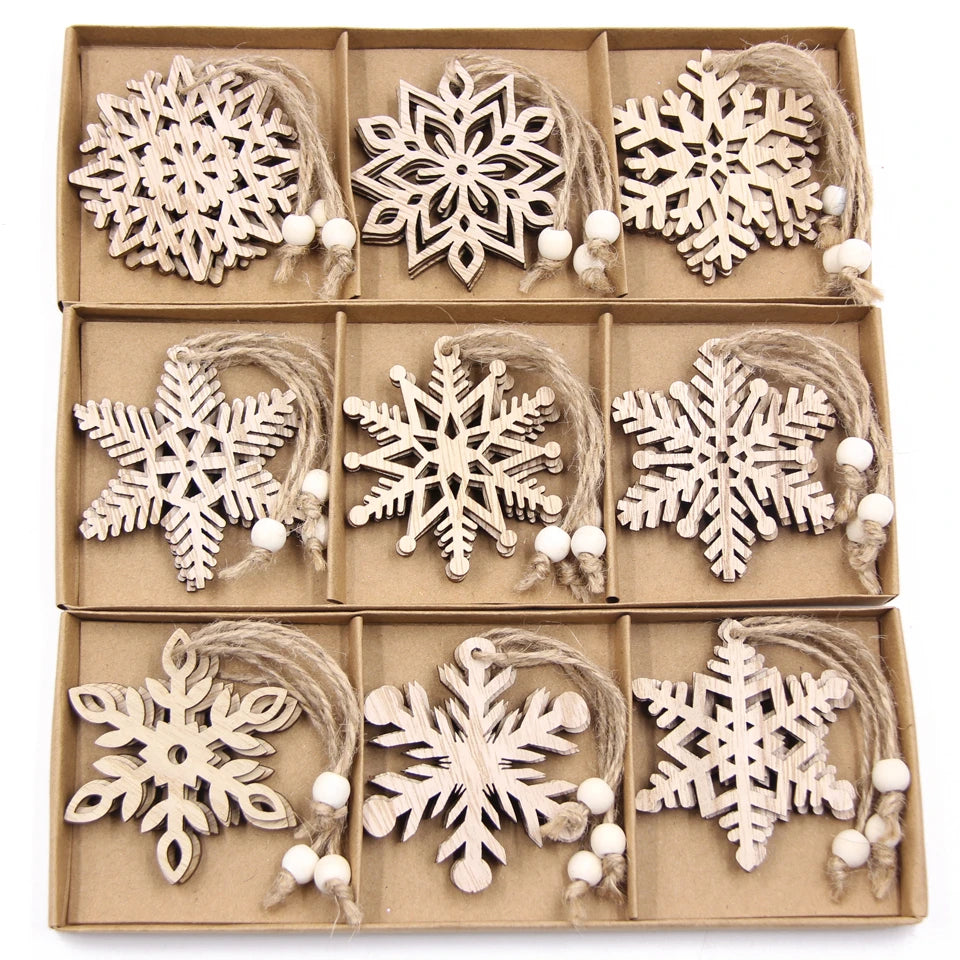 12PCS/Box Vintage Snowflake Christmas Wooden Pendants Ornaments  Christmas Tree Ornaments Christmas Decorations Hanging Gifts 