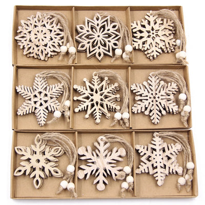 12PCS/Box Vintage Snowflake Christmas Wooden Pendants Ornaments  Christmas Tree Ornaments Christmas Decorations Hanging Gifts 