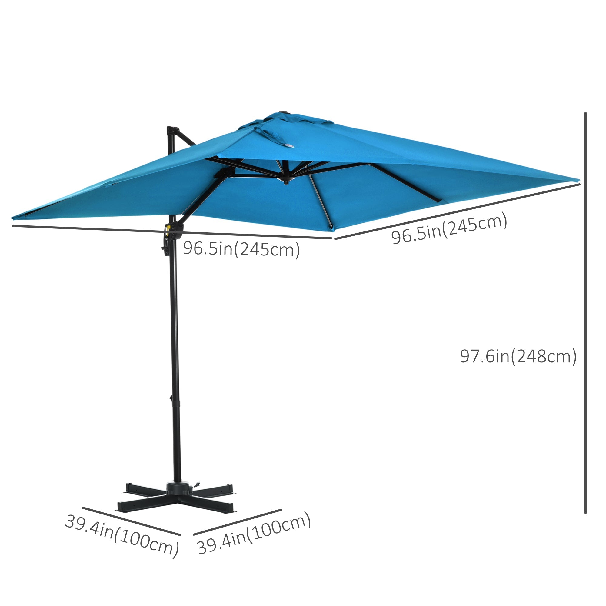 Outsunny 8' x 8' Square Patio Hanging Offset Umbrella with 360° Rotation, Aluminum Outdoor Cantilever Market Parasol, Turquoise 