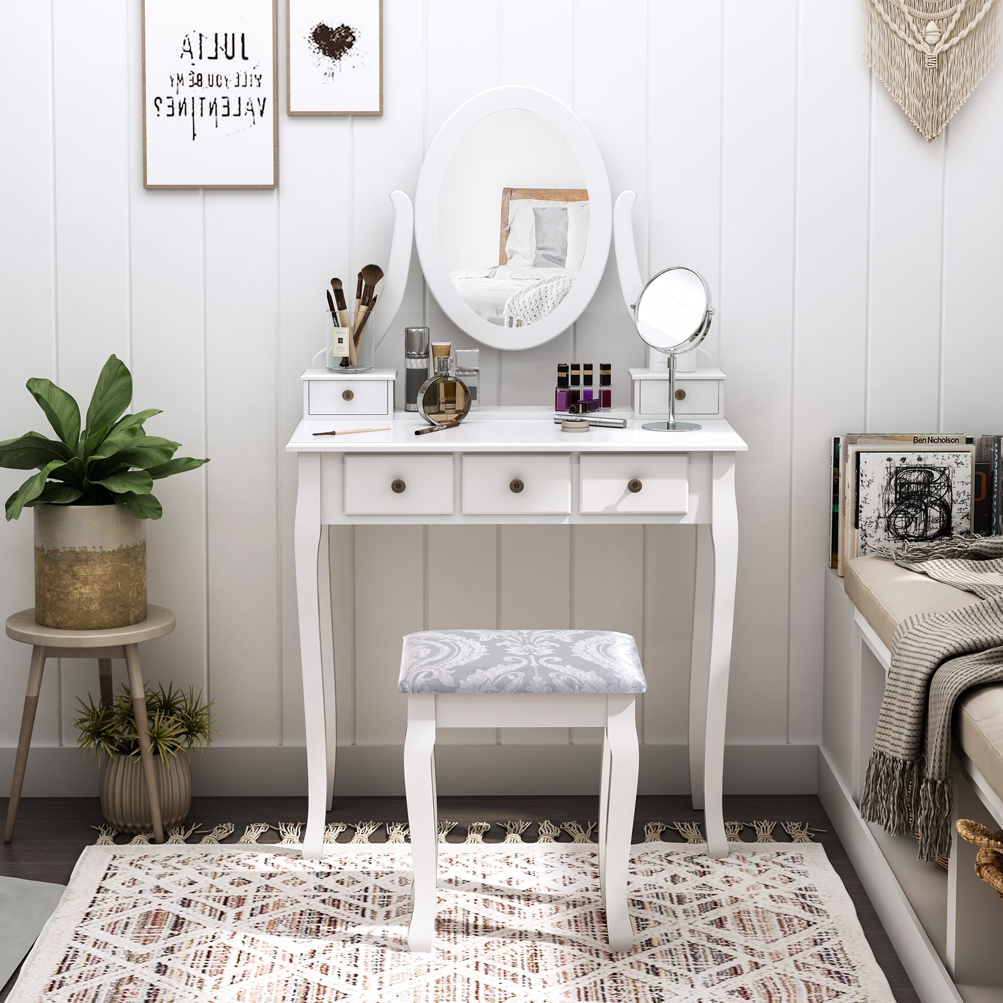 HOMCOM Wooden Vanity Table Set, Makeup Dressing Table with 360° Rotating, 5 Drawers and Padded Stool, White 