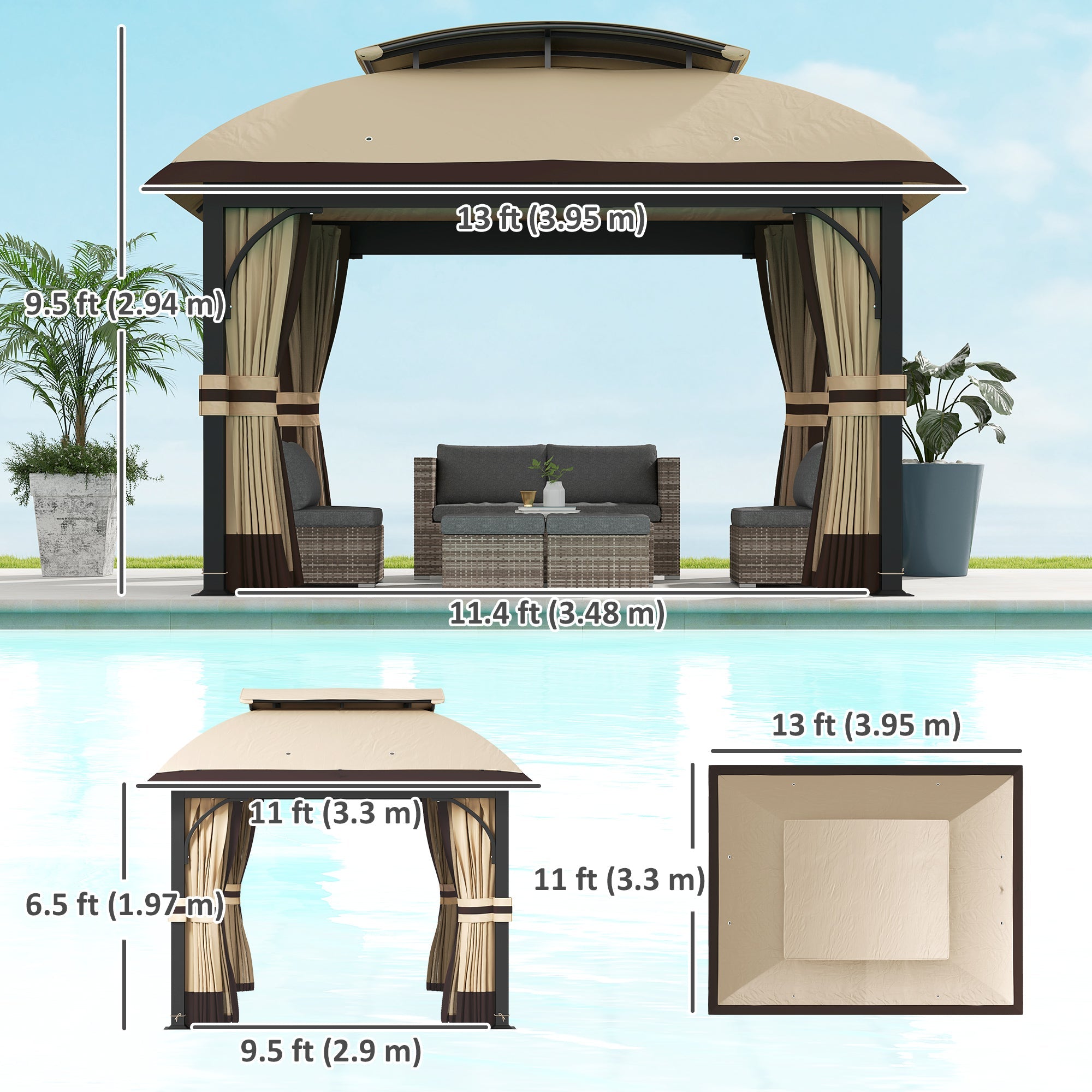 Outsunny 11' x 13' Patio Gazebo, Double Roof Outdoor Gazebo Canopy with Netting & Curtains, Galvanized Metal Frame, Khaki 