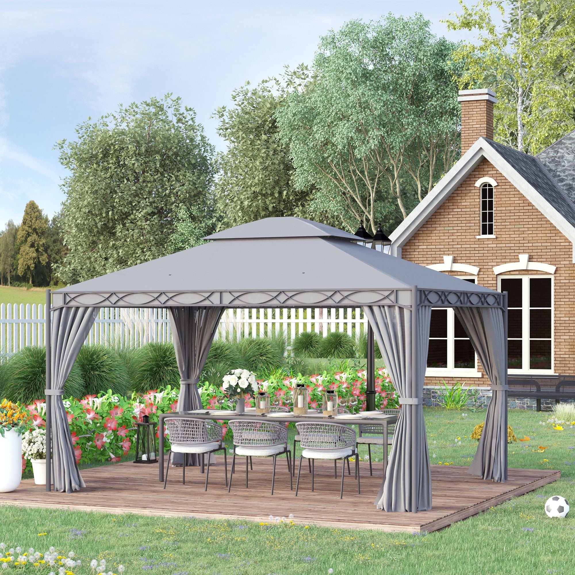 Outsunny 10'x13' Soft-top Patio Gazebo Double-Tiered covered Steel Gazebo with Curtain, Grey 