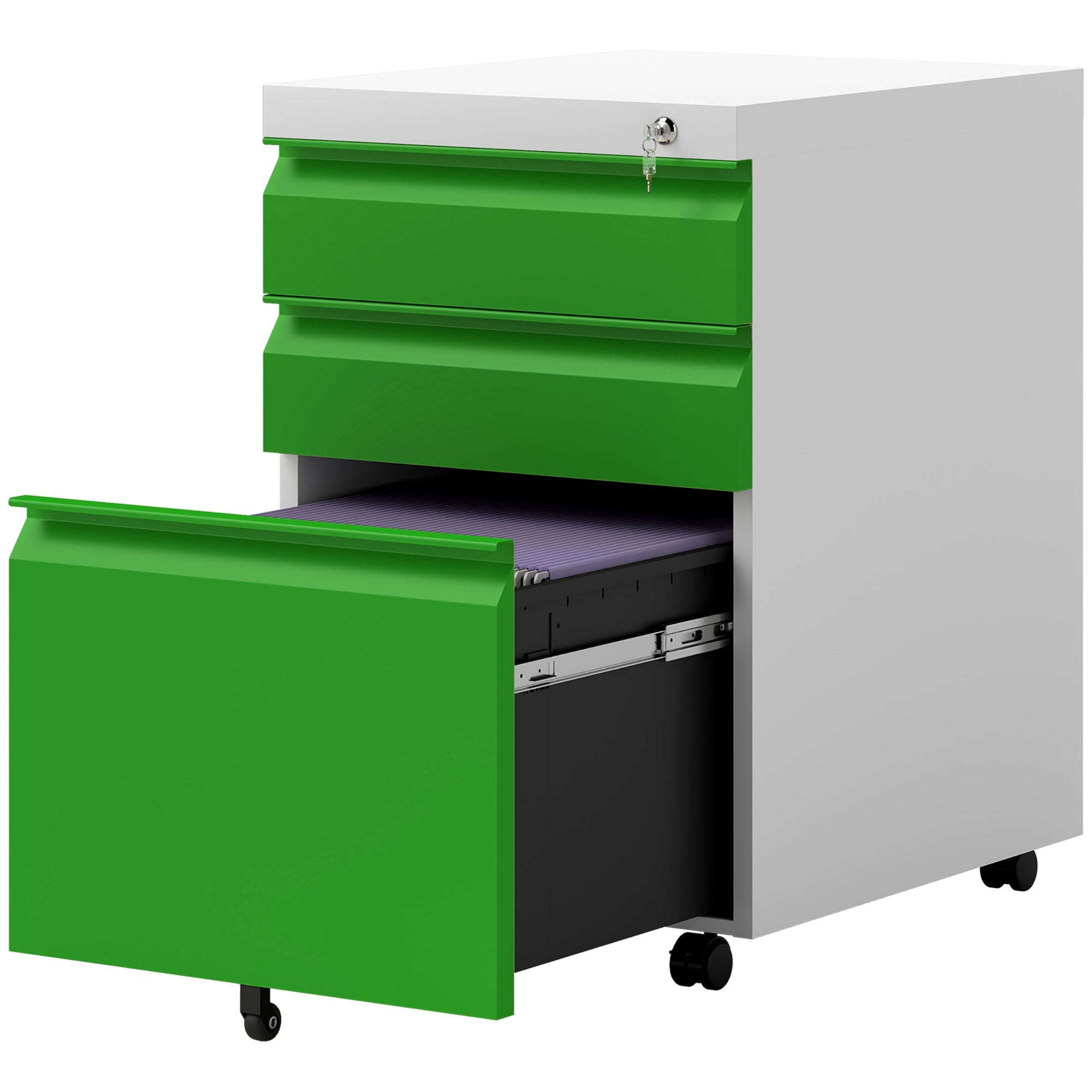 Vinsetto 3 Drawer Filing Cabinet, Lockable Office Storage Cabinet on Wheels for Legal, Letter, A4 Files, Green 