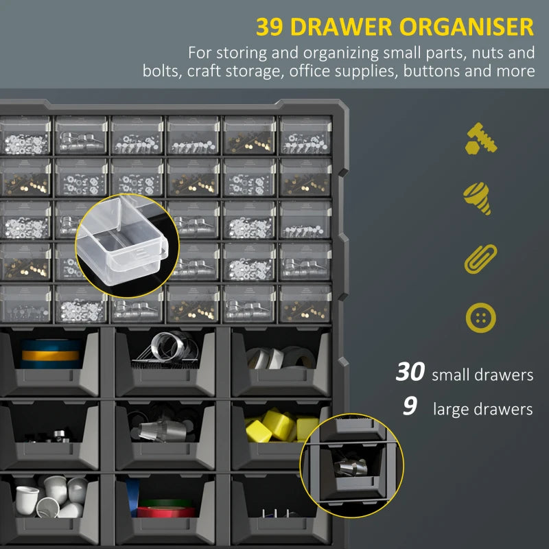 Plastic 39 Drawer Parts Organiser Wall Mount Storage Cabinet for Small Nuts Bolts Tool Set of 2 Black