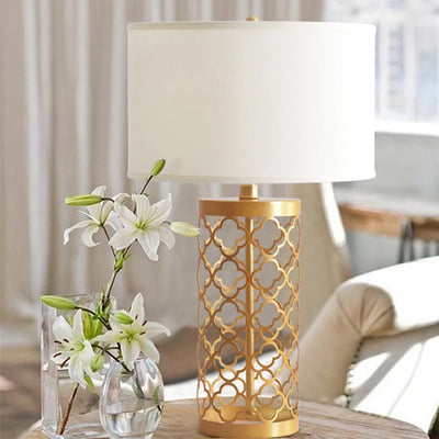 American Golden Wrought Iron Hollow Pattern Table Lamp – Luxury Living Room, Bedroom Bedside, LED E27, Beige Cloth Cover 