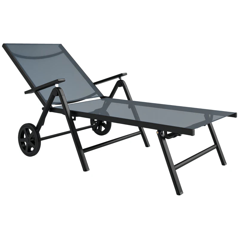 Outdoor Lounge Chair, 5-Level Adjustable Folding Chaise Chair with 2 Wheels for Backyard, Beach, Poolside, Grey