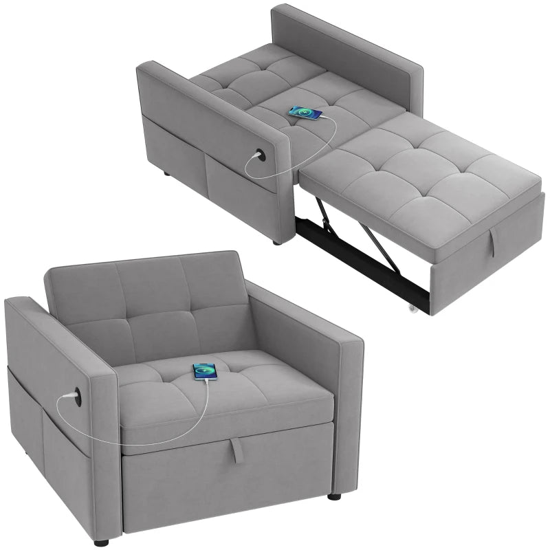 Convertible Chair Bed, Pull Out Sleeper Chair with USB, Adjustable Backrest, Small Velvet Futon Sofa Bed, Grey