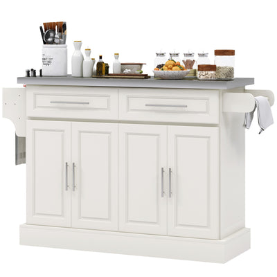 HOMCOM Rolling Kitchen Island with Storage and Stainless Steel Top, Kitchen Trolley with Drawers, Cabinets, Towel Rack, Cream 