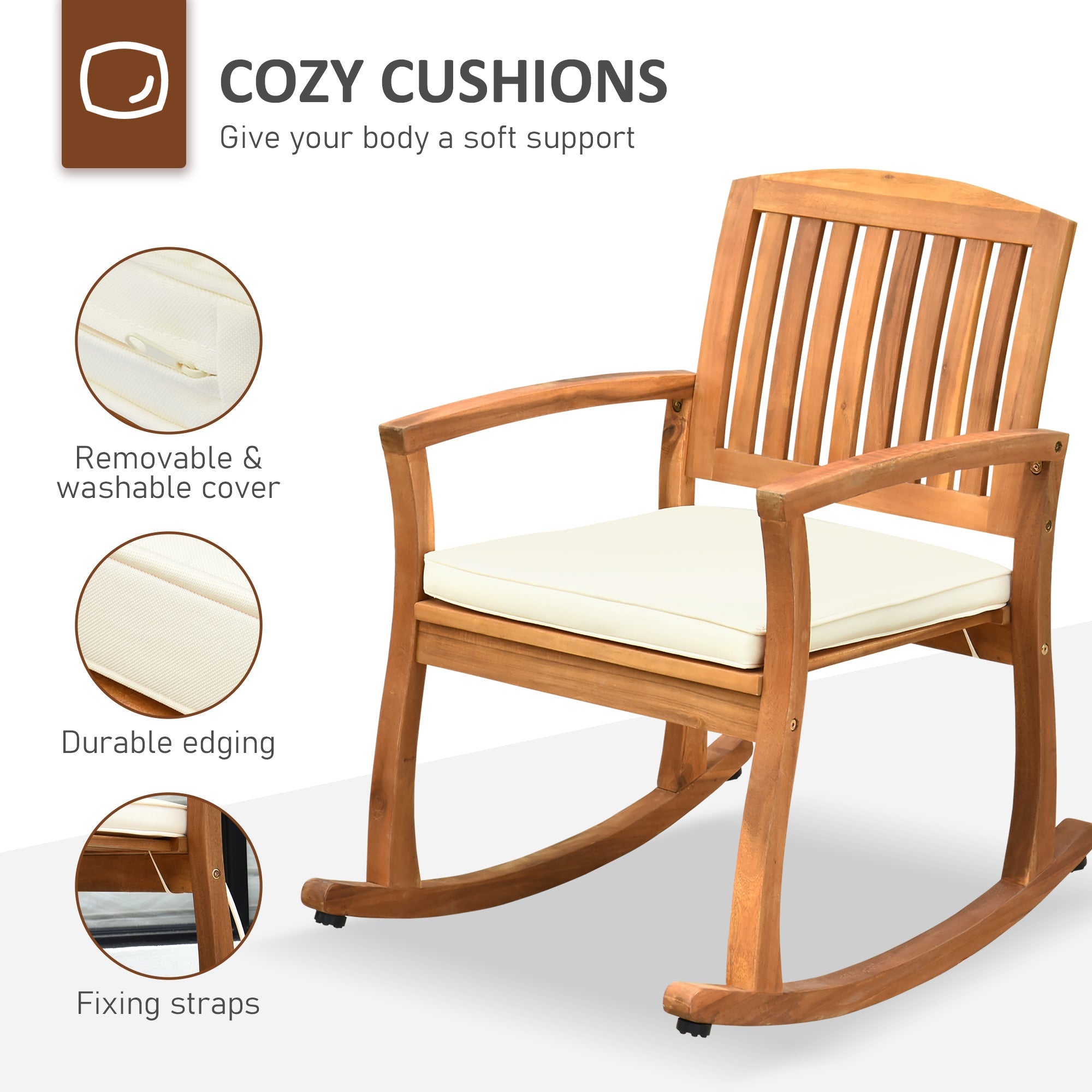 Outsunny Patio Rocking Chair, Indoor Outdoor Wooden Porch Rocker with Cushion for Deck, Balcony, Garden, Patio, Teak 
