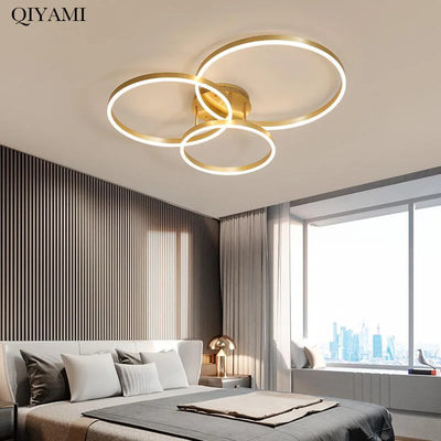 Nordic Creative Round Circle Chandeliers For Bedroom Living Room Restaurant Lighting Golden Coffee Lustre Ring Ceiling Lights 